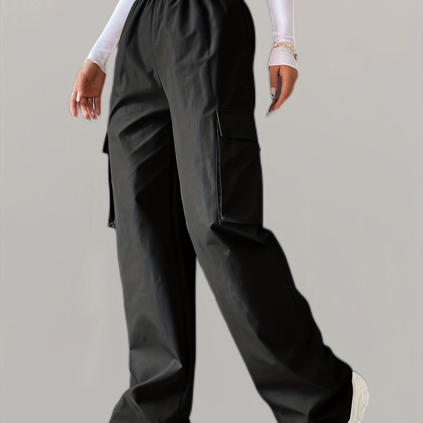 Solid Elastic Waist Pants, Casual Long Length Wide Leg Cargo Pants With Pockets, Women's Clothing