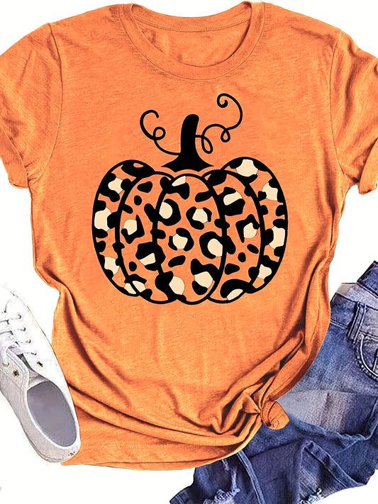 Leopard Pumpkin Print T-shirt, Casual Crew Neck Short Sleeve T-shirt, Women's Clothing