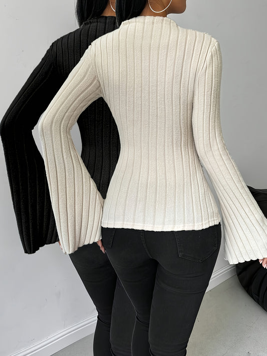 Women'S 2pcs French Ribbed Turtleneck Long Sleeve T-Shirt Set - Soft, Light -Friendly, Casual Bell Bottoms with Golden Chain Detail, Perfect for Fall/Winter, Casual Wear|Ribbed Texture|Soft Fabric