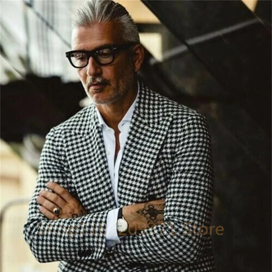 Mens Turn-down Collar Blazer Coat Fashionable Vintage Houndstooth Jackets Jacket Casual Men Clothes Trendy Outerwear