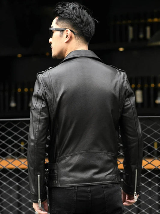 Brand Leather Jackets European Fashion Spring Autumn Short Cool Black Leather Biker Jacket Men Zipper Long Sleeve Belt Plus Size