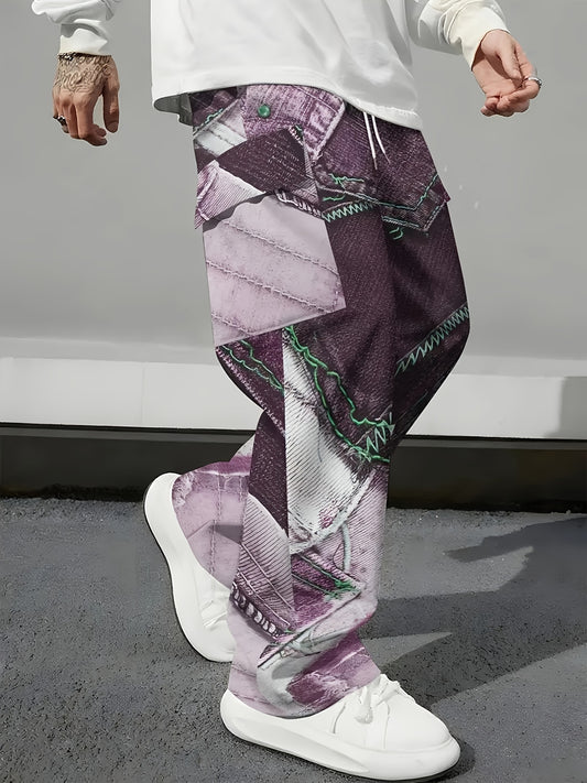 Men's Heavy Duty Work Pants Plus Size - 3D Denim Construction Pants with Multi-Pocket Design, Relaxed Straight Leg Fit, Heavy-Duty Fabric for Construction, Everyday & Formal Wear - Machine Washable - Blue & Black Denim Patter