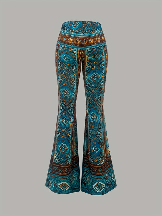 Women'S Vintage Western Geometric Print Flare Jeans - High-Waisted, Wide-Leg, Brown & Blue Design, Casual Style for All Seasons, High Waisted Jeans