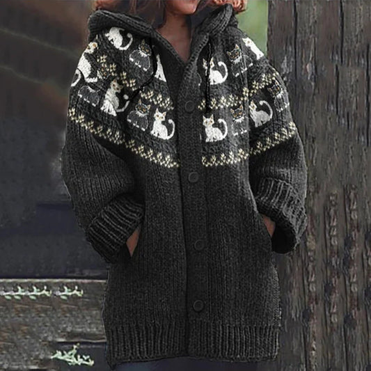 Women's Retro 3D Cat Print Cardigan Sweater with Hood - Black & White Contrast Striped All-Over Animal Pattern, Long Sleeve Button Front Closure, Cozy Warm Casual Winter Outfit for Casual Attire & Themed Events (Hand Washable