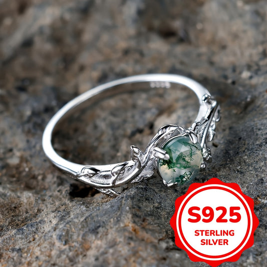 925 Sterling Silver Natural Green Moss Agate Ring Unique Engagement Promise Rings For Women Wedding Jewelry Gift (2.8g)