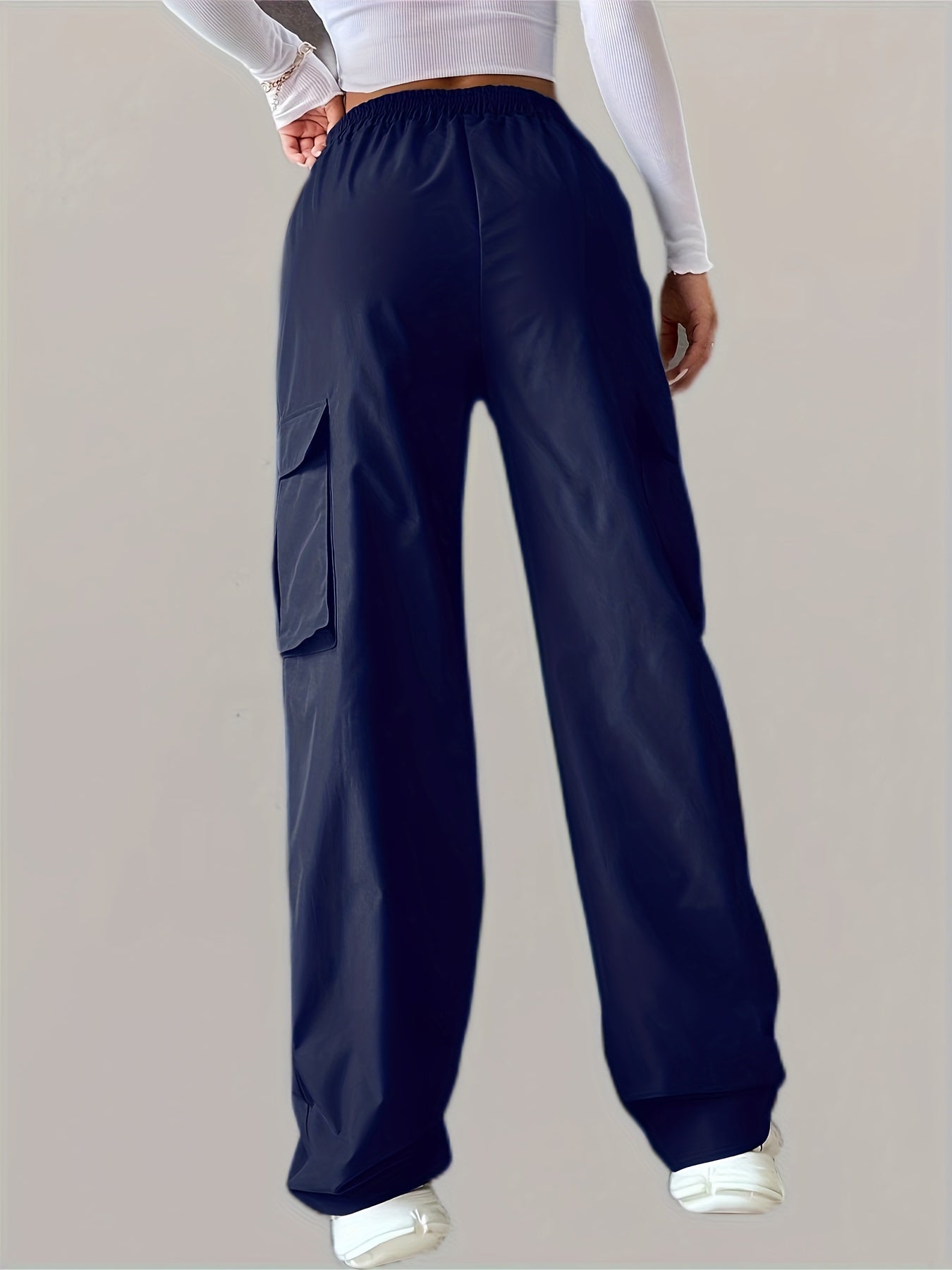 Solid Elastic Waist Pants, Casual Long Length Wide Leg Cargo Pants With Pockets, Women's Clothing