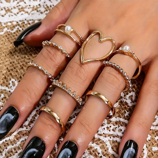 9-Piece Set, Large Hollow Heart Rings with Shimmering Rhinestones, Elegant Alloy Jewelry, Simple Style, Knuckle Ring Set for Women
