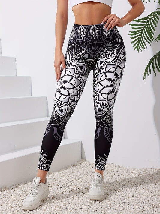 Flower Print Yoga Workout Pants, Solid Color Stretch Fitness Sports Leggings, Women's Activewear