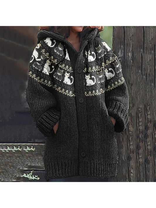Women's Retro 3D Cat Print Cardigan Sweater with Hood - Black & White Contrast Striped All-Over Animal Pattern, Long Sleeve Button Front Closure, Cozy Warm Casual Winter Outfit for Casual Attire & Themed Events (Hand Washable