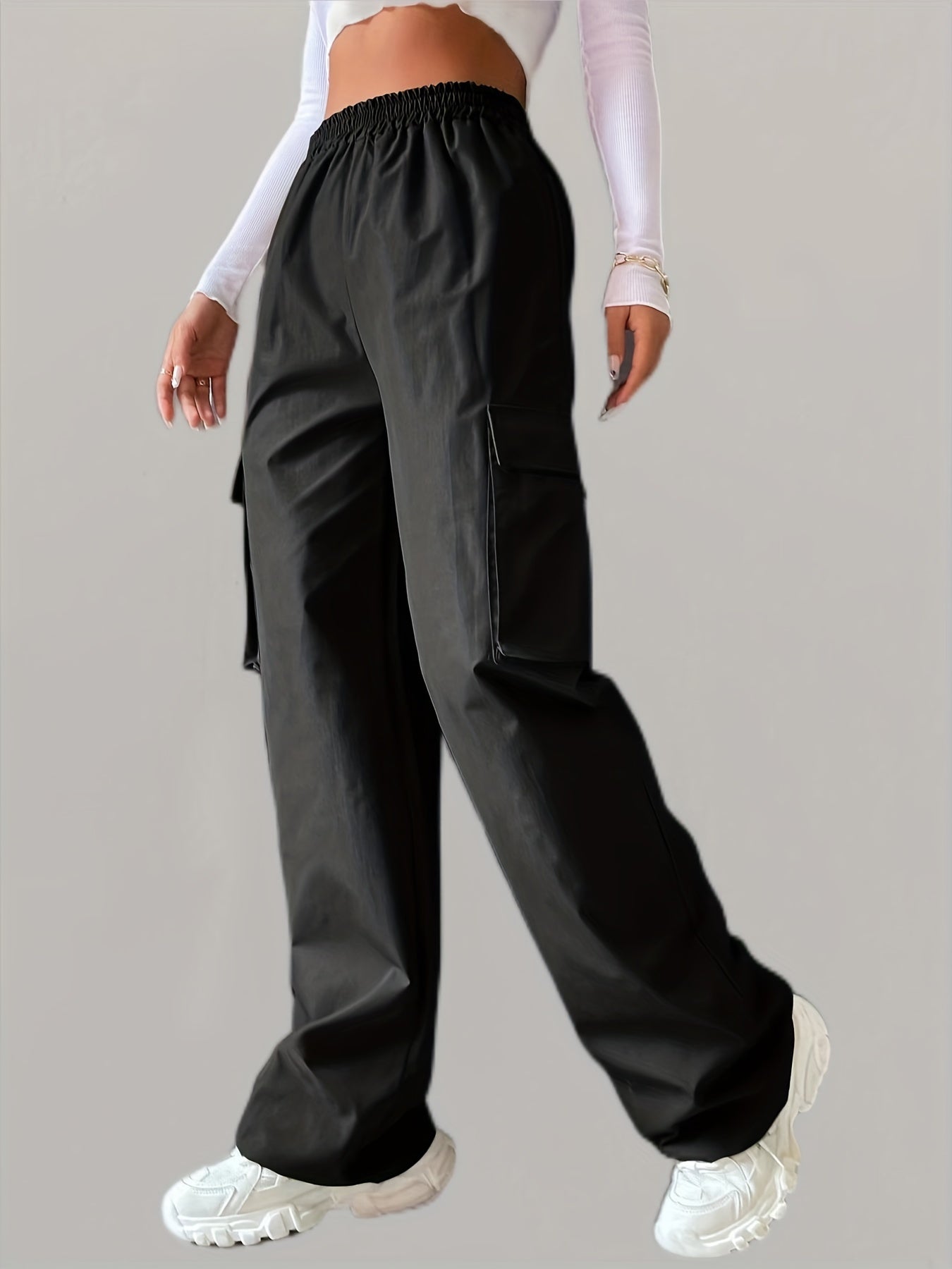 Solid Elastic Waist Pants, Casual Long Length Wide Leg Cargo Pants With Pockets, Women's Clothing