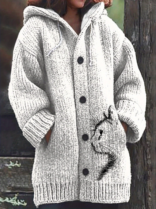Women's Light Gray Retro 3D Cat Print Sweater Coat - Soft Hooded Cardigan with Full-Body Cat Pattern, Long Sleeve Button Front Closure, All-Season Casual Outerwear for Everyday & Formal Outfits, Hand Washable Cozy Sweater for