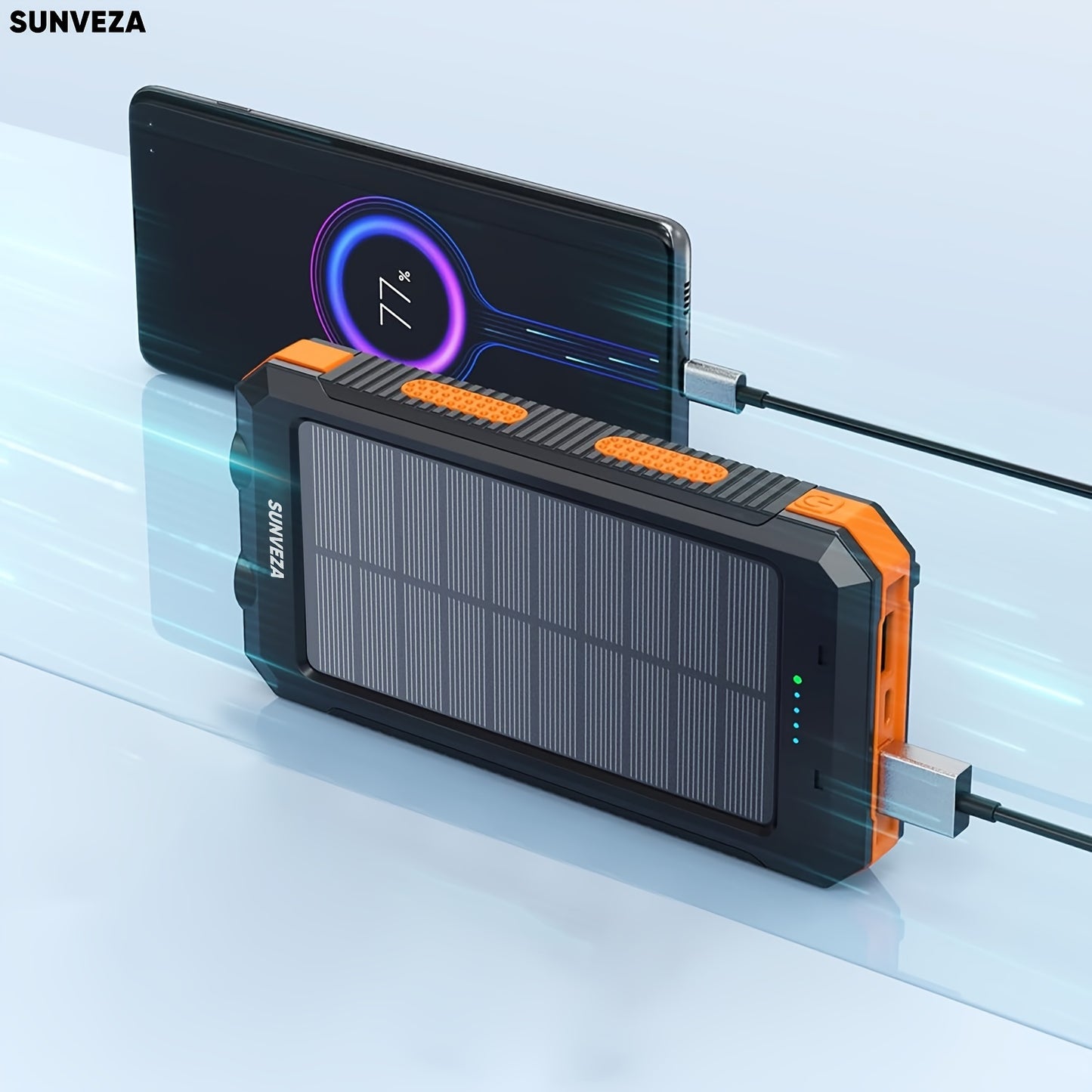 Sunveza Solar Power Bank, 36800mAh Portable Charger With Dual QC 3.0 And 5V3.1A USB Fast Charging, Built-in Flashlight, For All Phones Devices (Orange)-YMcheng