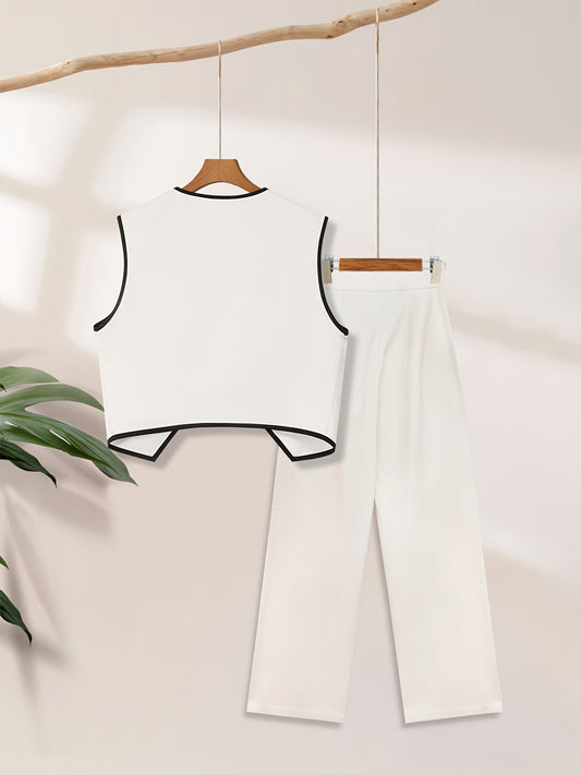 2025 New Summer Two-piece Set: Button- Blazer with Belly-baring Design and Wide-leg Trousers