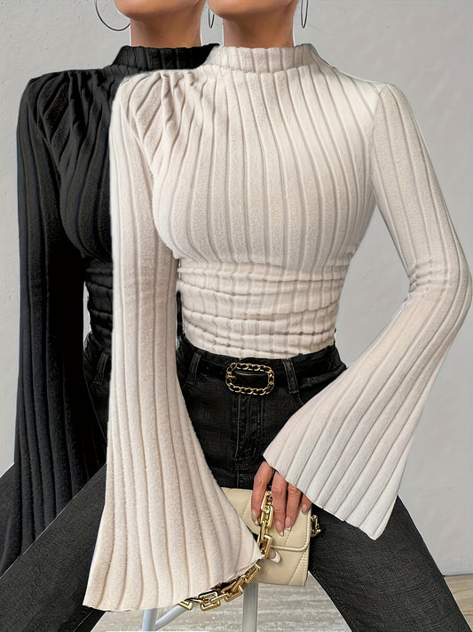 Women'S 2pcs French Ribbed Turtleneck Long Sleeve T-Shirt Set - Soft, Light -Friendly, Casual Bell Bottoms with Golden Chain Detail, Perfect for Fall/Winter, Casual Wear|Ribbed Texture|Soft Fabric