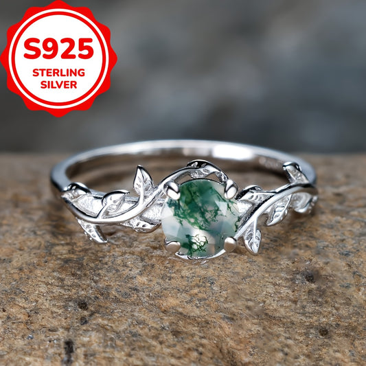 925 Sterling Silver Natural Green Moss Agate Ring Unique Engagement Promise Rings For Women Wedding Jewelry Gift (2.8g)
