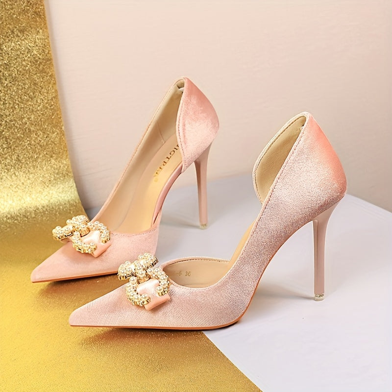 Women's Faux Pearl Decor Shoes, Slip On Side Cut Out High Heels, Point Toe Party Shoes