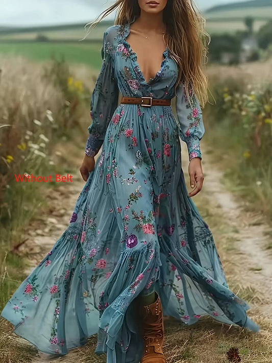 Women'S Bohemian Floral print maxi dress - Flowy long dress with Elastic Waist, Non-Belted, for Parties, Festivals, Everyday - Spring/Fall/Summer Outfits in Teal Green & Purple Floral Pattern, Spring Fashion, Vneck Design, Co