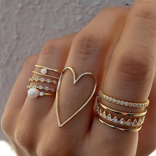 9-Piece Set, Large Hollow Heart Rings with Shimmering Rhinestones, Elegant Alloy Jewelry, Simple Style, Knuckle Ring Set for Women