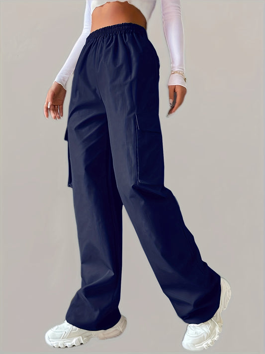 Solid Elastic Waist Pants, Casual Long Length Wide Leg Cargo Pants With Pockets, Women's Clothing