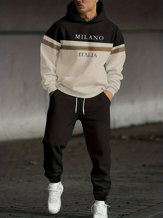 Men'S Casual Two-Piece Set - & Color Block Hoodie & Joggers with "MILANO ITALIA" Print, Loose Fit, Long Sleeve, Drawstring Hood, Regular Fit, Fall/Winter Collection