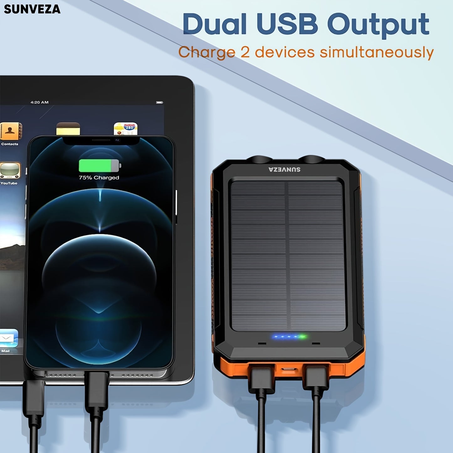 Sunveza Solar Power Bank, 36800mAh Portable Charger With Dual QC 3.0 And 5V3.1A USB Fast Charging, Built-in Flashlight, For All Phones Devices (Orange)-YMcheng