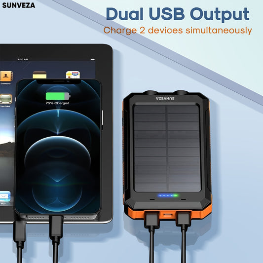 Sunveza Solar Power Bank, 36800mAh Portable Charger With Dual QC 3.0 And 5V3.1A USB Fast Charging, Built-in Flashlight, For All Phones Devices (Orange)-YMcheng