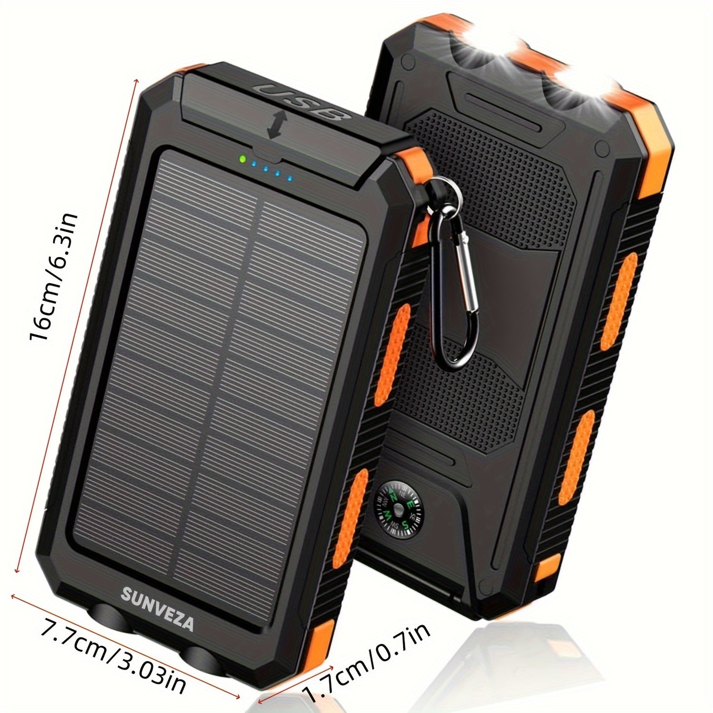 Sunveza Solar Power Bank, 36800mAh Portable Charger With Dual QC 3.0 And 5V3.1A USB Fast Charging, Built-in Flashlight, For All Phones Devices (Orange)-YMcheng