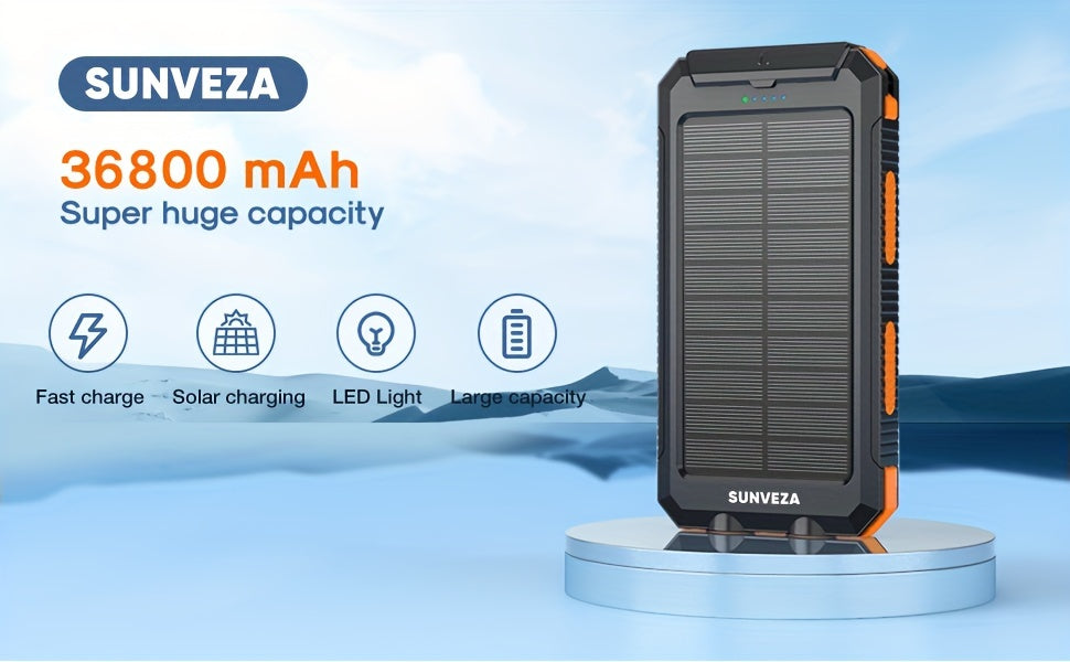 Sunveza Solar Power Bank, 36800mAh Portable Charger With Dual QC 3.0 And 5V3.1A USB Fast Charging, Built-in Flashlight, For All Phones Devices (Orange)-YMcheng