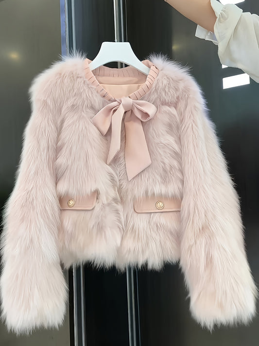 Women's Winter Pink Faux-Fur Trim Jacket with Plush Collar & Fringe Hem - Elegant Short Coat, H-Line Silhouette, Single-Breasted, Loose Fit Coat for Casual & Formal Outfits (Cozy Outerwear, Coat Only)