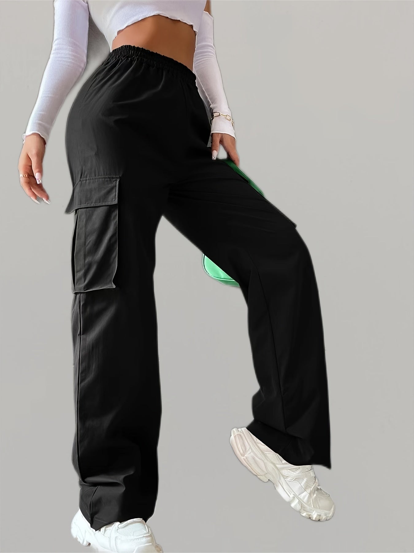 Solid Elastic Waist Pants, Casual Long Length Wide Leg Cargo Pants With Pockets, Women's Clothing