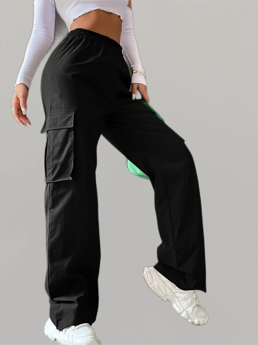Solid Elastic Waist Pants, Casual Long Length Wide Leg Cargo Pants With Pockets, Women's Clothing