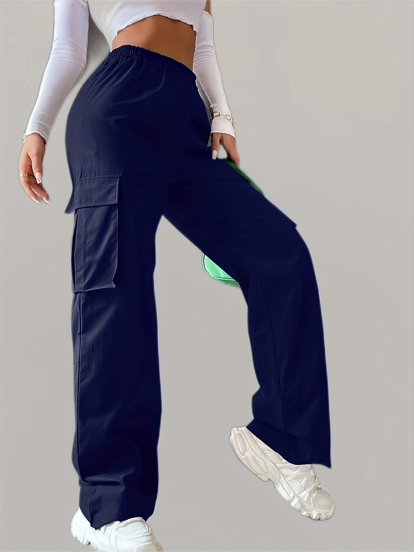 Solid Elastic Waist Pants, Casual Long Length Wide Leg Cargo Pants With Pockets, Women's Clothing