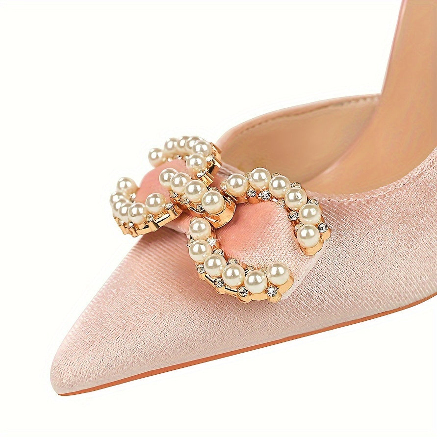 Women's Faux Pearl Decor Shoes, Slip On Side Cut Out High Heels, Point Toe Party Shoes