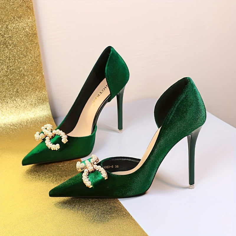 Women's Faux Pearl Decor Shoes, Slip On Side Cut Out High Heels, Point Toe Party Shoes