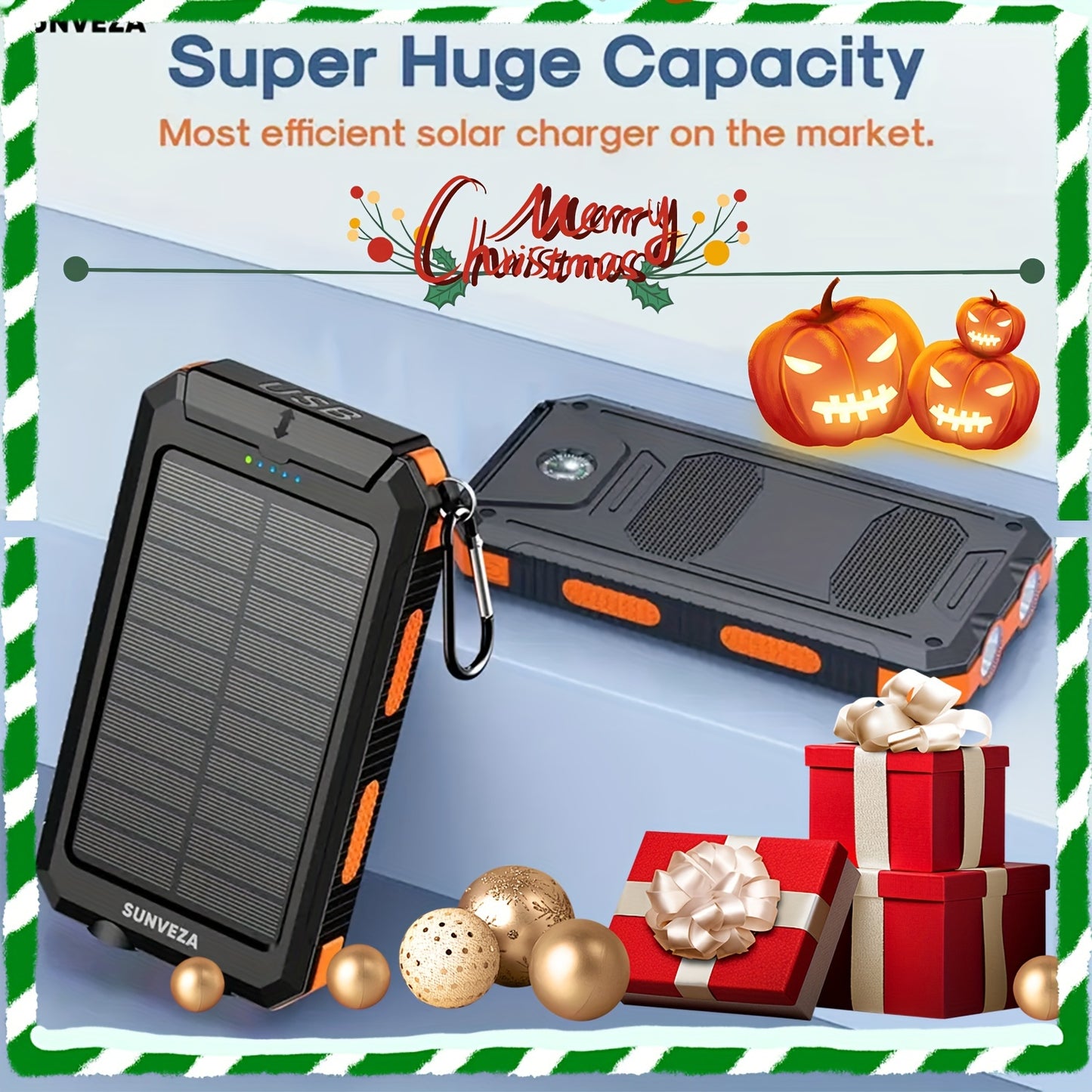 Sunveza Solar Power Bank, 36800mAh Portable Charger With Dual QC 3.0 And 5V3.1A USB Fast Charging, Built-in Flashlight, For All Phones Devices (Orange)-YMcheng