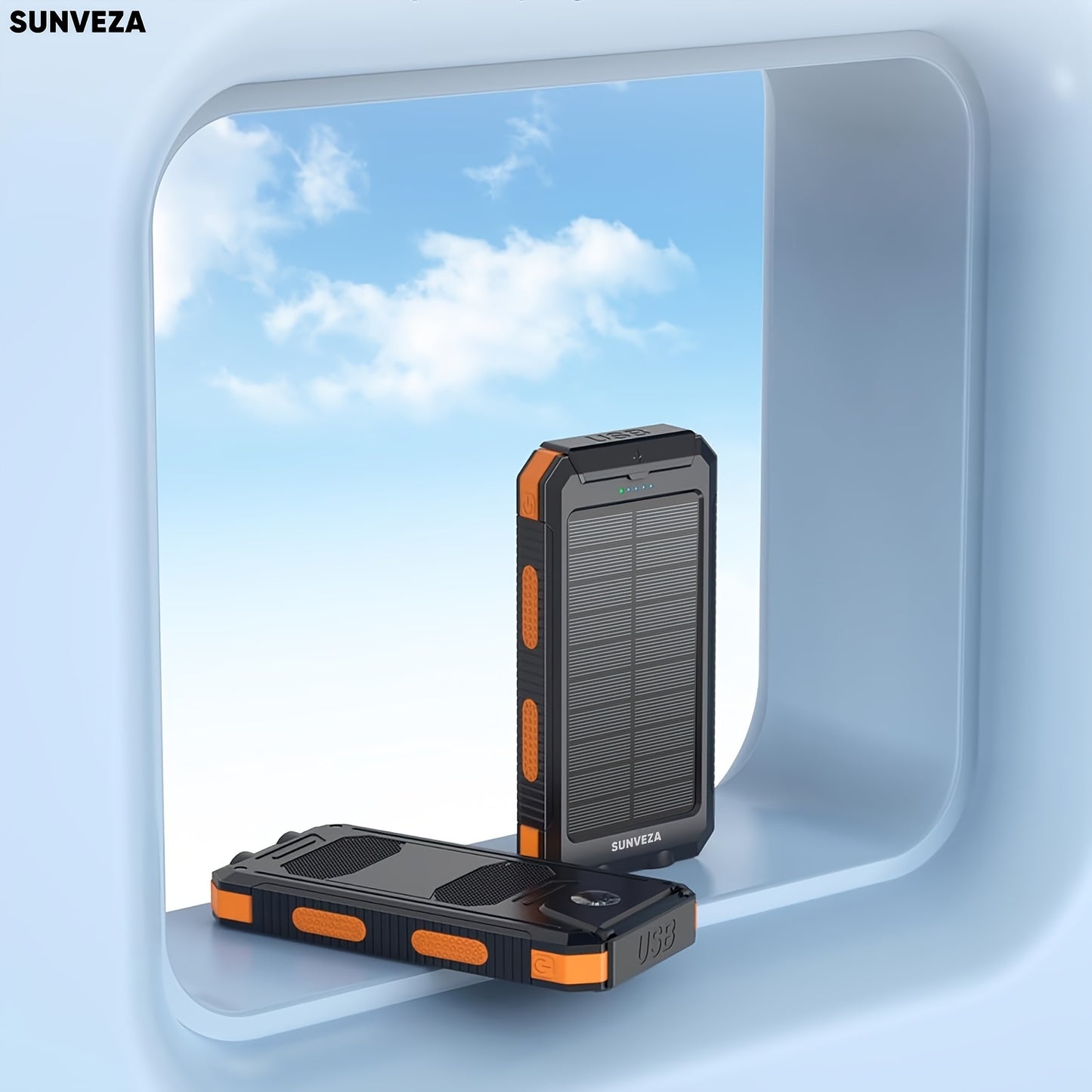 Sunveza Solar Power Bank, 36800mAh Portable Charger With Dual QC 3.0 And 5V3.1A USB Fast Charging, Built-in Flashlight, For All Phones Devices (Orange)-YMcheng