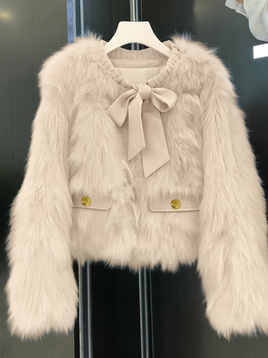 Women's Winter Pink Faux-Fur Trim Jacket with Plush Collar & Fringe Hem - Elegant Short Coat, H-Line Silhouette, Single-Breasted, Loose Fit Coat for Casual & Formal Outfits (Cozy Outerwear, Coat Only)