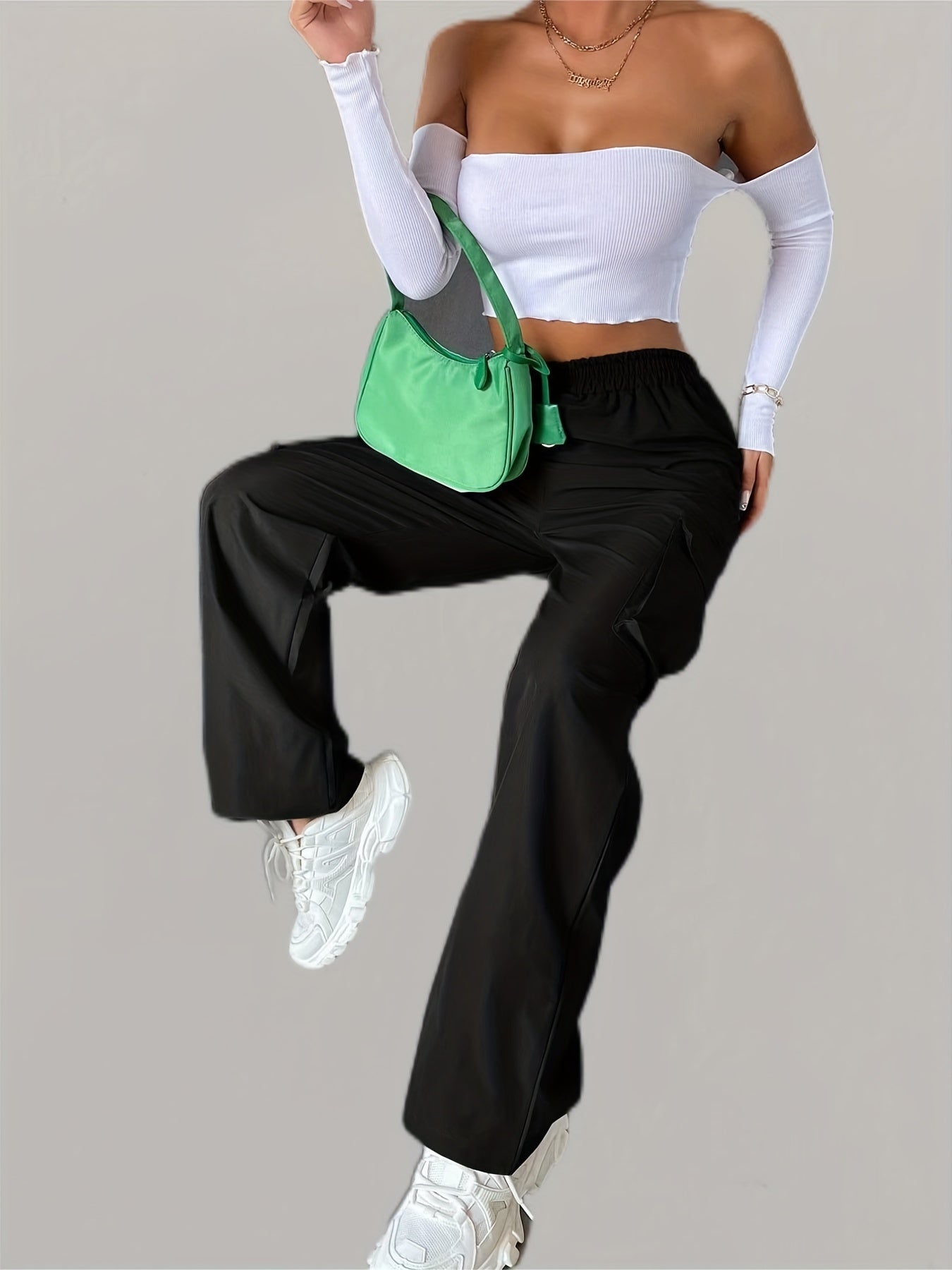 Solid Elastic Waist Pants, Casual Long Length Wide Leg Cargo Pants With Pockets, Women's Clothing