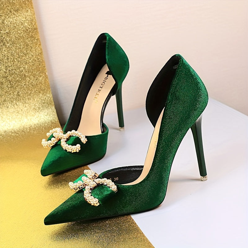 Women's Faux Pearl Decor Shoes, Slip On Side Cut Out High Heels, Point Toe Party Shoes