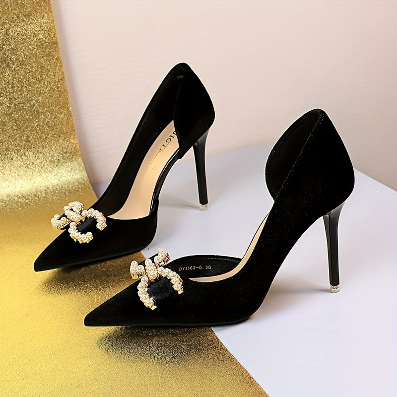 Women's Faux Pearl Decor Shoes, Slip On Side Cut Out High Heels, Point Toe Party Shoes