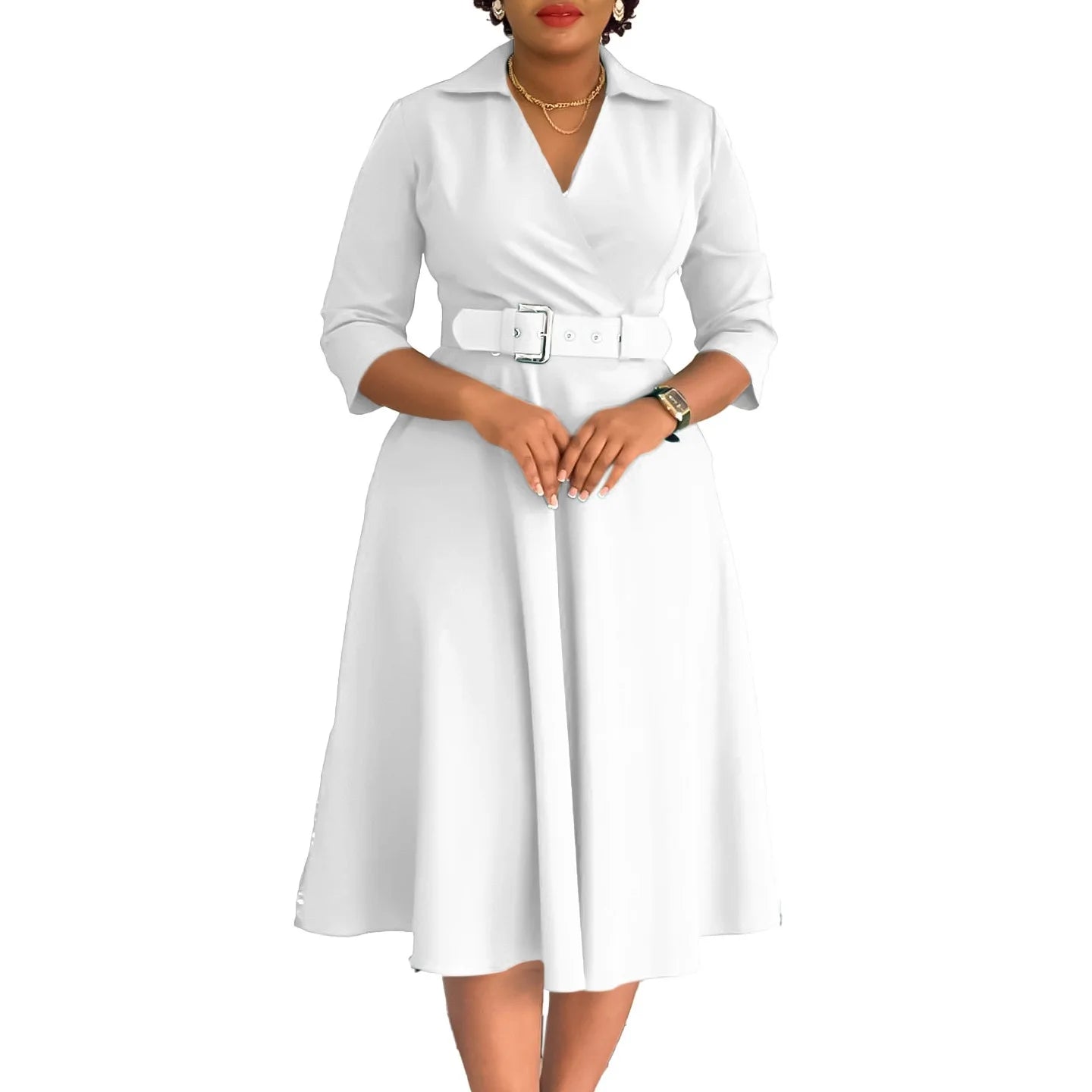 Fashion Office Dresses for Women Turn Down Collar V Neck Belt Waisted Pleated Mid Calf Elegant African Business Work Dress Cloth