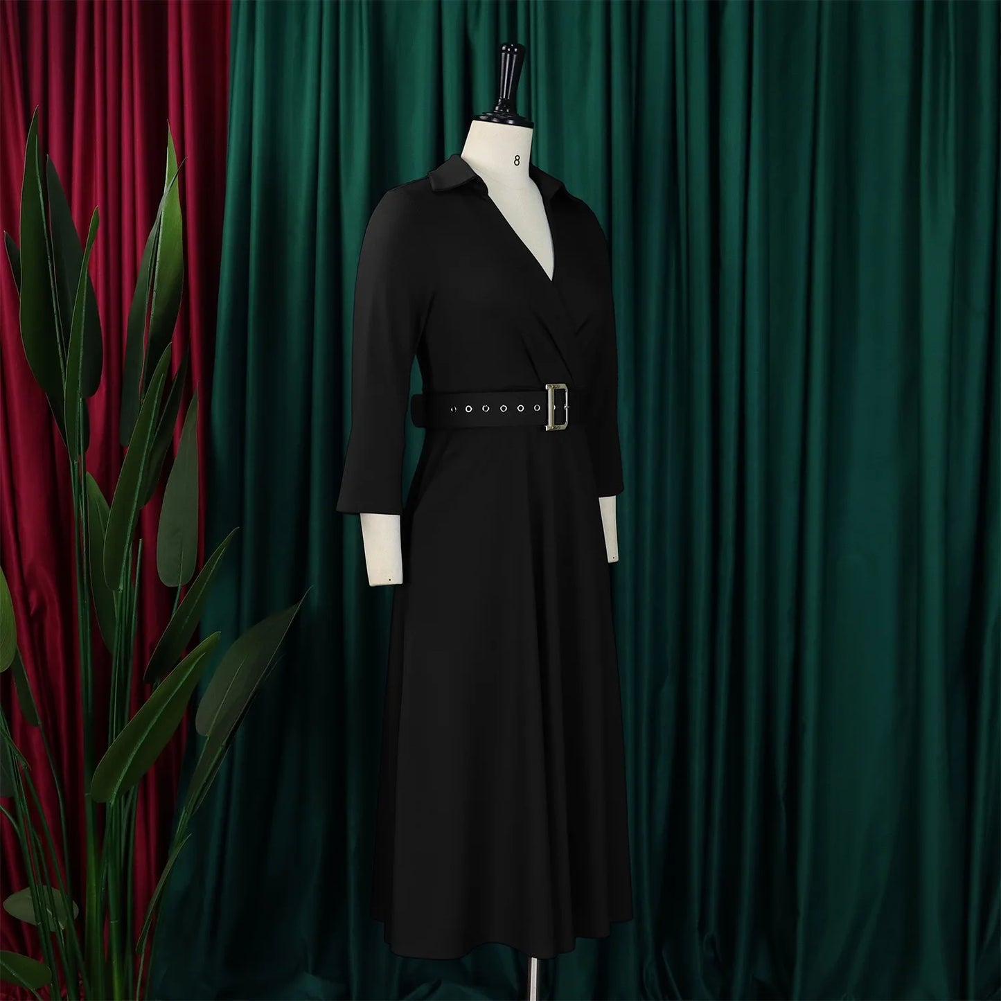 Fashion Office Dresses for Women Turn Down Collar V Neck Belt Waisted Pleated Mid Calf Elegant African Business Work Dress Cloth