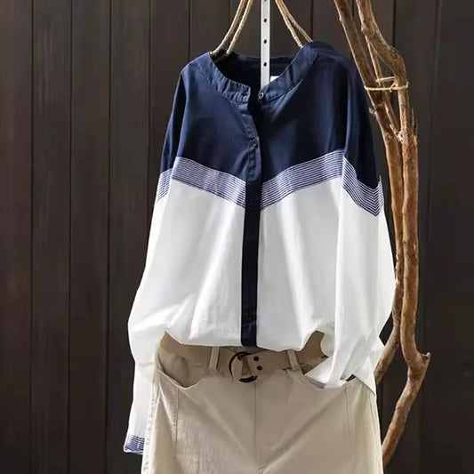 Cotton blouses for elegant women fashion 2025 stand collar patchwork blouses contrast color design shirts ladies tops