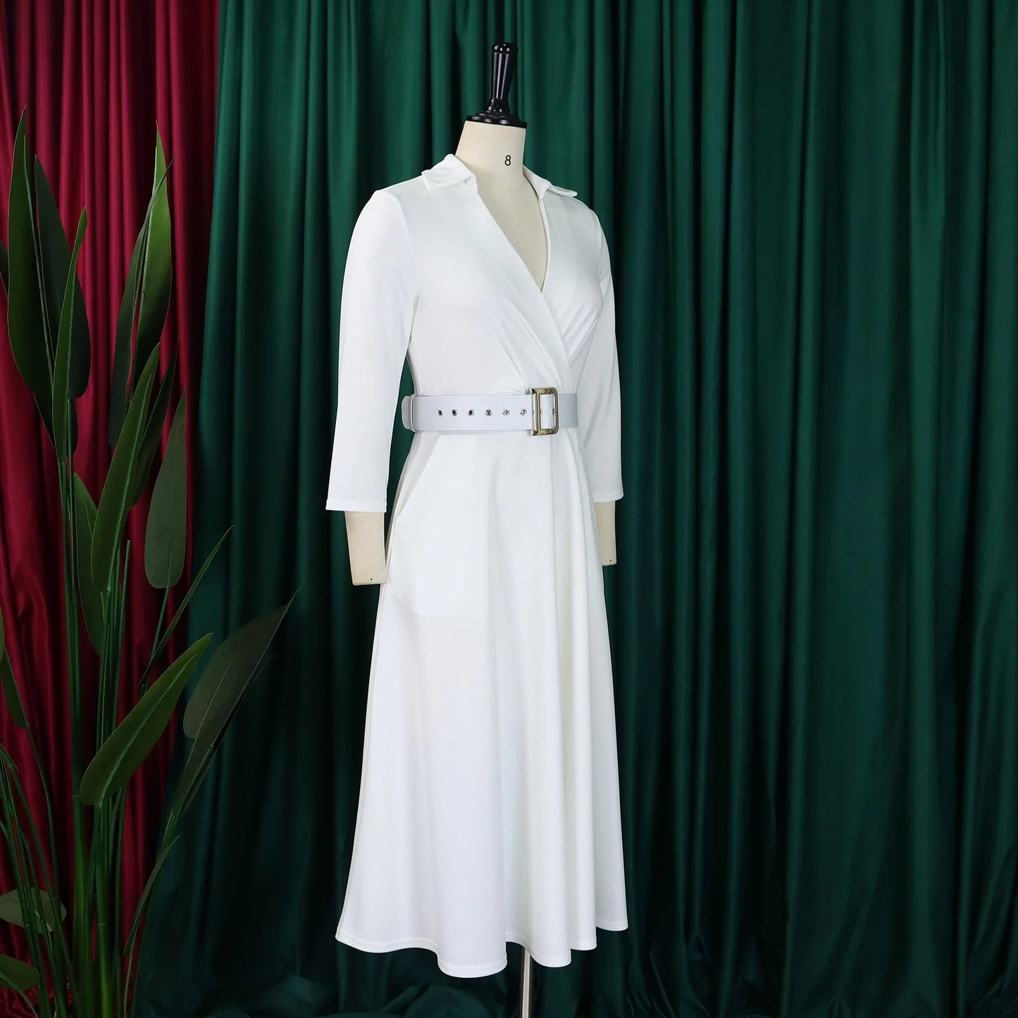 Fashion Office Dresses for Women Turn Down Collar V Neck Belt Waisted Pleated Mid Calf Elegant African Business Work Dress Cloth