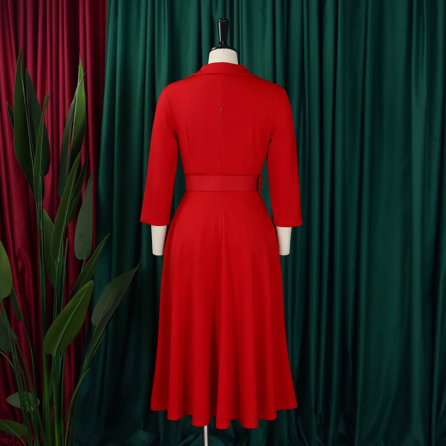 Fashion Office Dresses for Women Turn Down Collar V Neck Belt Waisted Pleated Mid Calf Elegant African Business Work Dress Cloth