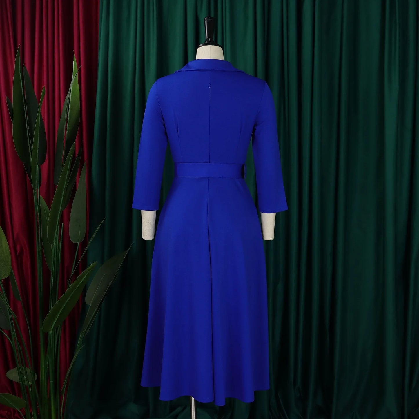 Fashion Office Dresses for Women Turn Down Collar V Neck Belt Waisted Pleated Mid Calf Elegant African Business Work Dress Cloth