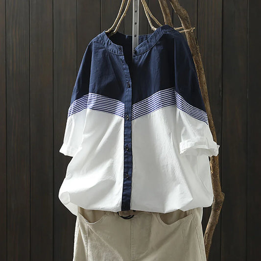 Cotton blouses for elegant women fashion 2025 stand collar patchwork blouses contrast color design shirts ladies tops