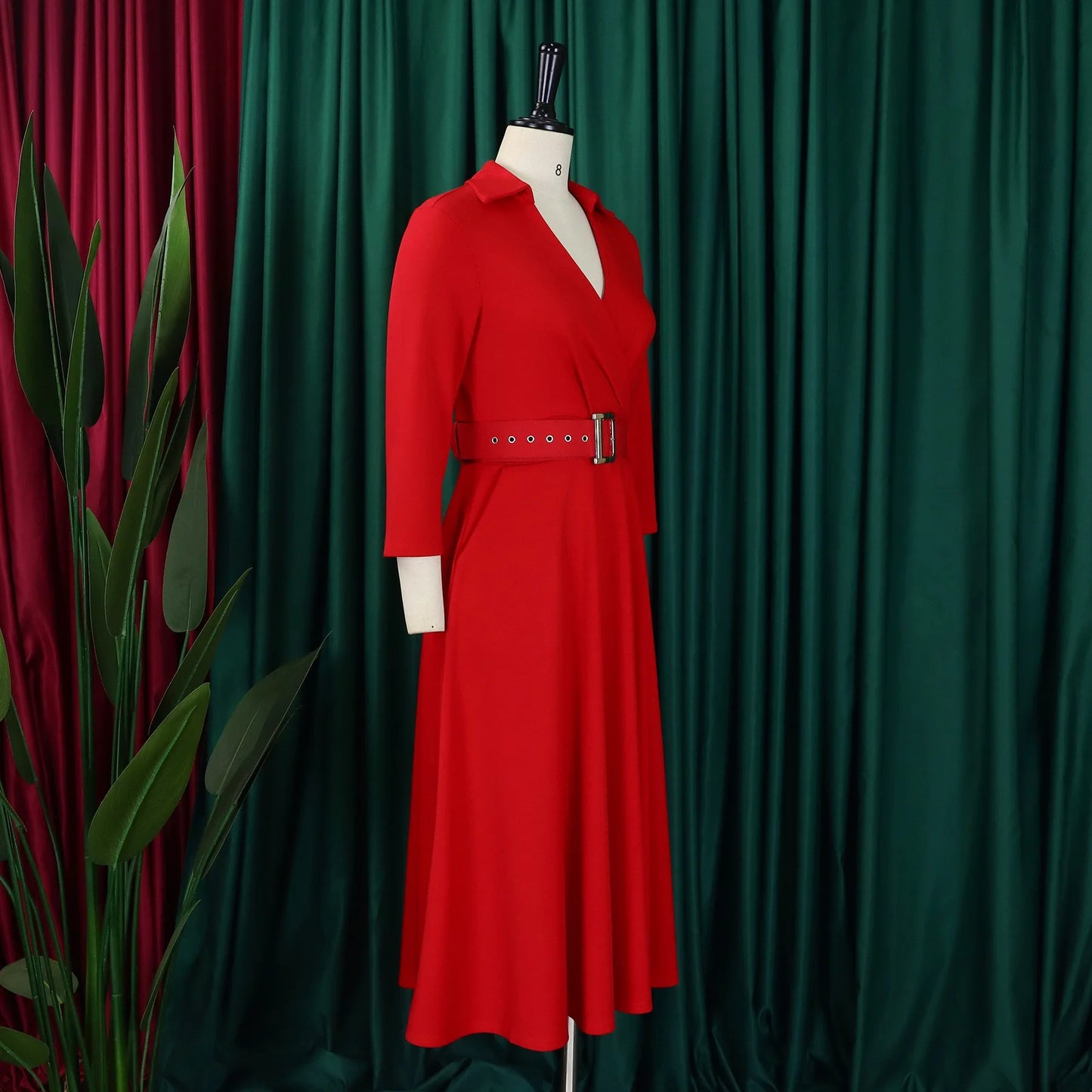 Fashion Office Dresses for Women Turn Down Collar V Neck Belt Waisted Pleated Mid Calf Elegant African Business Work Dress Cloth