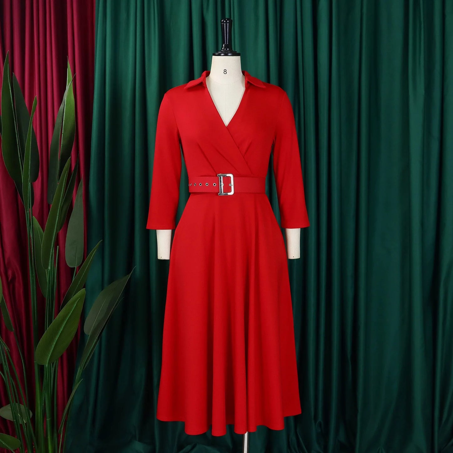 Fashion Office Dresses for Women Turn Down Collar V Neck Belt Waisted Pleated Mid Calf Elegant African Business Work Dress Cloth