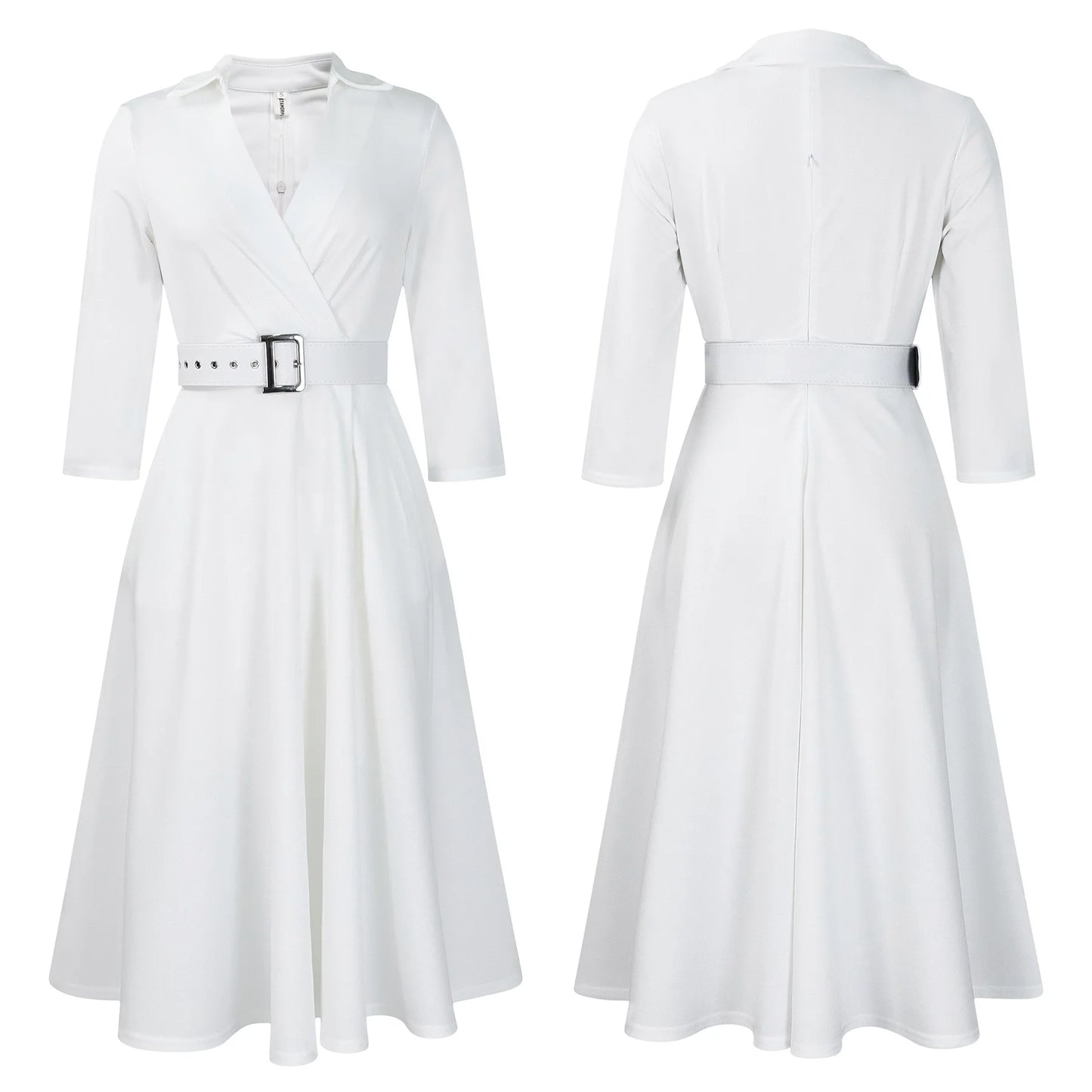 Fashion Office Dresses for Women Turn Down Collar V Neck Belt Waisted Pleated Mid Calf Elegant African Business Work Dress Cloth